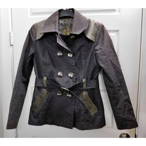 MACKAGE Gray Double Breasted Belted Short Trench Jacket Khaki Leather Trim sz S‎